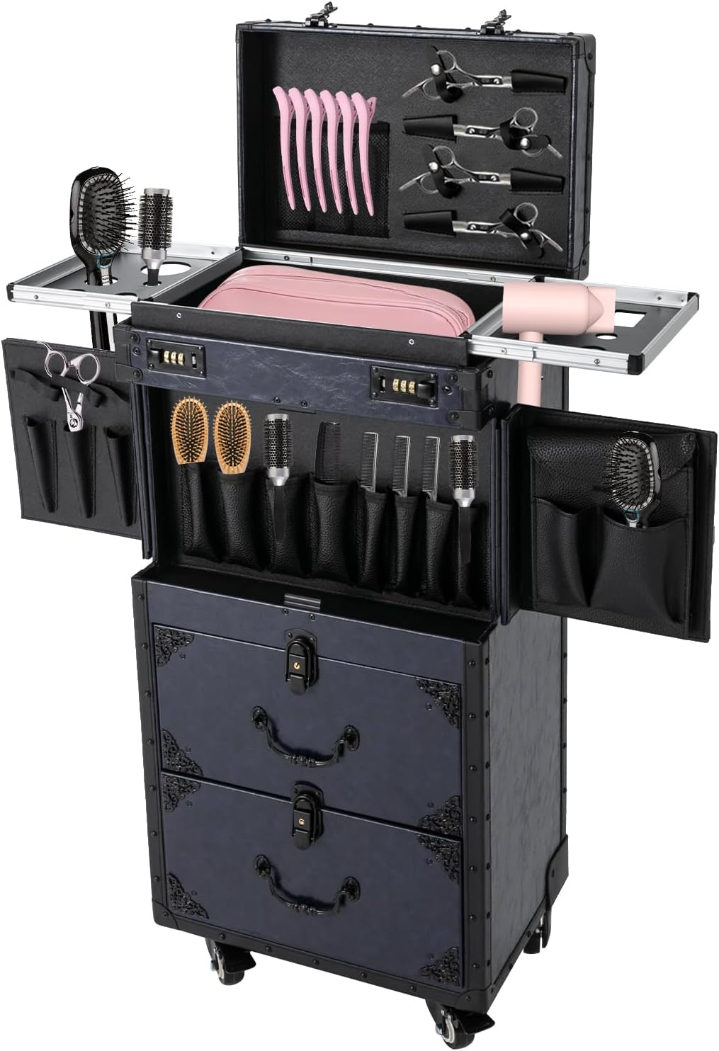 Rolling Lockable Makeup Train Case, Cosmetology Case on Wheels Hairstylist Traveling Bag with Hairdryer Holder, Salon Storage Toolbox with Carry Handle and Trolley, 15.15*10*31.7in (Blue)
