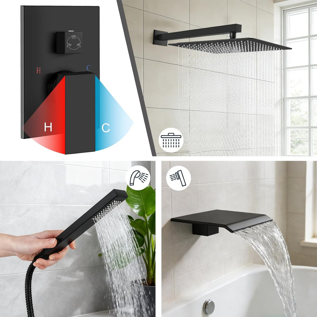 Midanya Shower System with Tub Spout,Bathtub Shower Faucet Set with Square Rainfall Head and Handheld Sprayer Wall Mount Tub Faucet Set with Valve and Trim Kit,16 Inch Matte Black