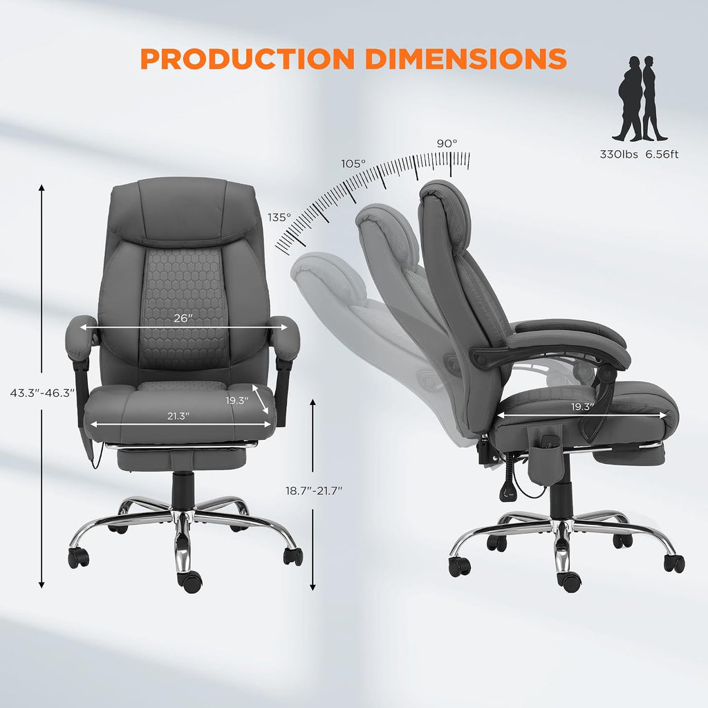 HOMREST 4-Point Massage Office Chair with Heating and Footrest, Reclining Executive Leather Desk Chair, Ergonomic Heated Managerial Chair for Home Office, Grey