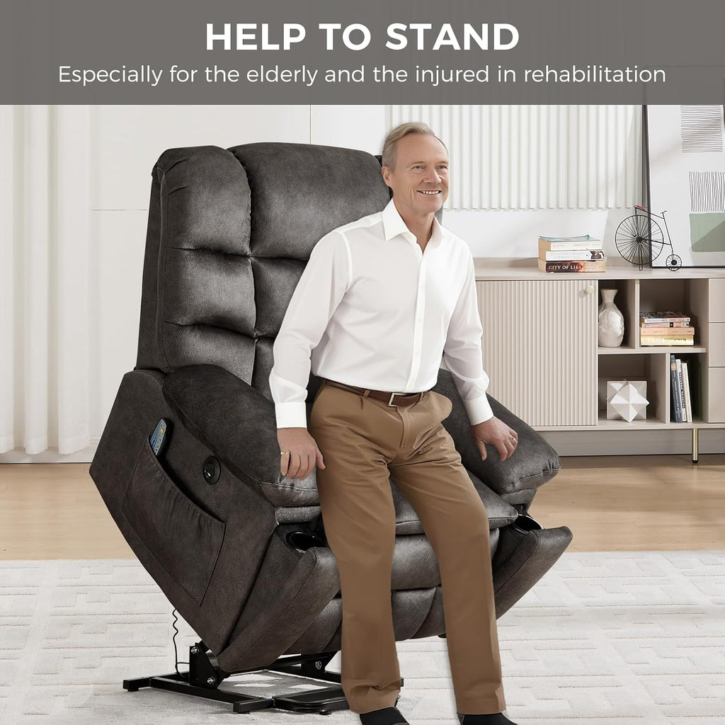 IOMOR Power Lift Recliner Chair for Elderly with Vibration Massage and Lumbar Heating, Overstuffed Electric Lift Chair with 2 Side Pockets and Cup Holders, USB & Type-C for Living Room, Dark Gray