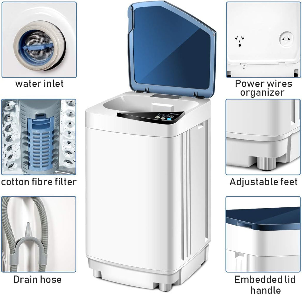 Giantex Full-Automatic Washing Machine Portable Washer and Spin Dryer 7.7 lbs Capacity Compact Laundry Washer with Built-in Barrel Light Drain Pump and Long Hose for Apartments Camping (White & Blue)
