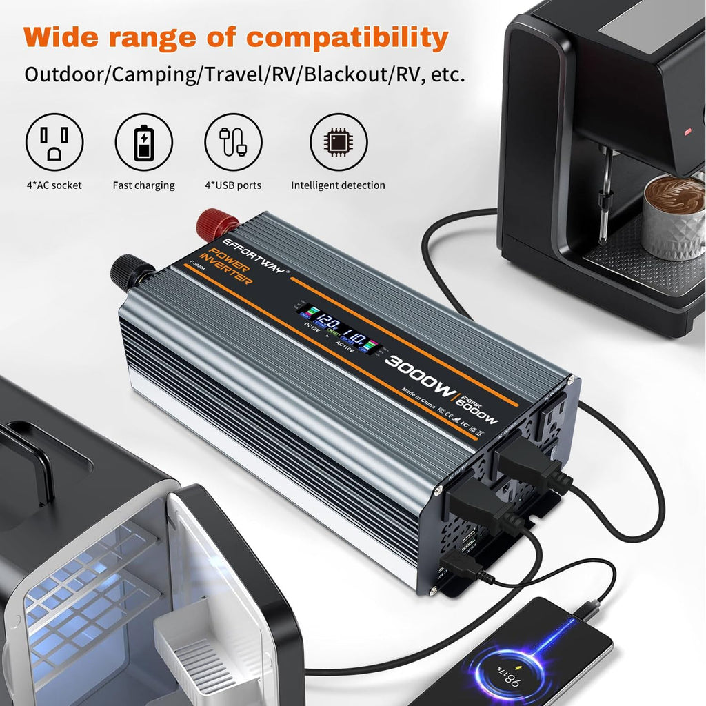 3000 watt Power Inverter DC 12V to AC 110V/120V Converter,6000w Peak.Comes with LCD Display,Wireless Controller,4AC outlets,4 USB.RV Inverter,Suitable for Camping,and Off-Grid Solar Inverter Systems