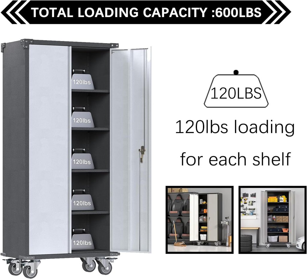 71'' Locking Metal Cabinet with 2 Door and 4 Adjustable Shelves, Lockable Garage Storage Cabinet on Wheels, Rolling Tool Cabinets for Utility Room, Home Office, Assembly Required
