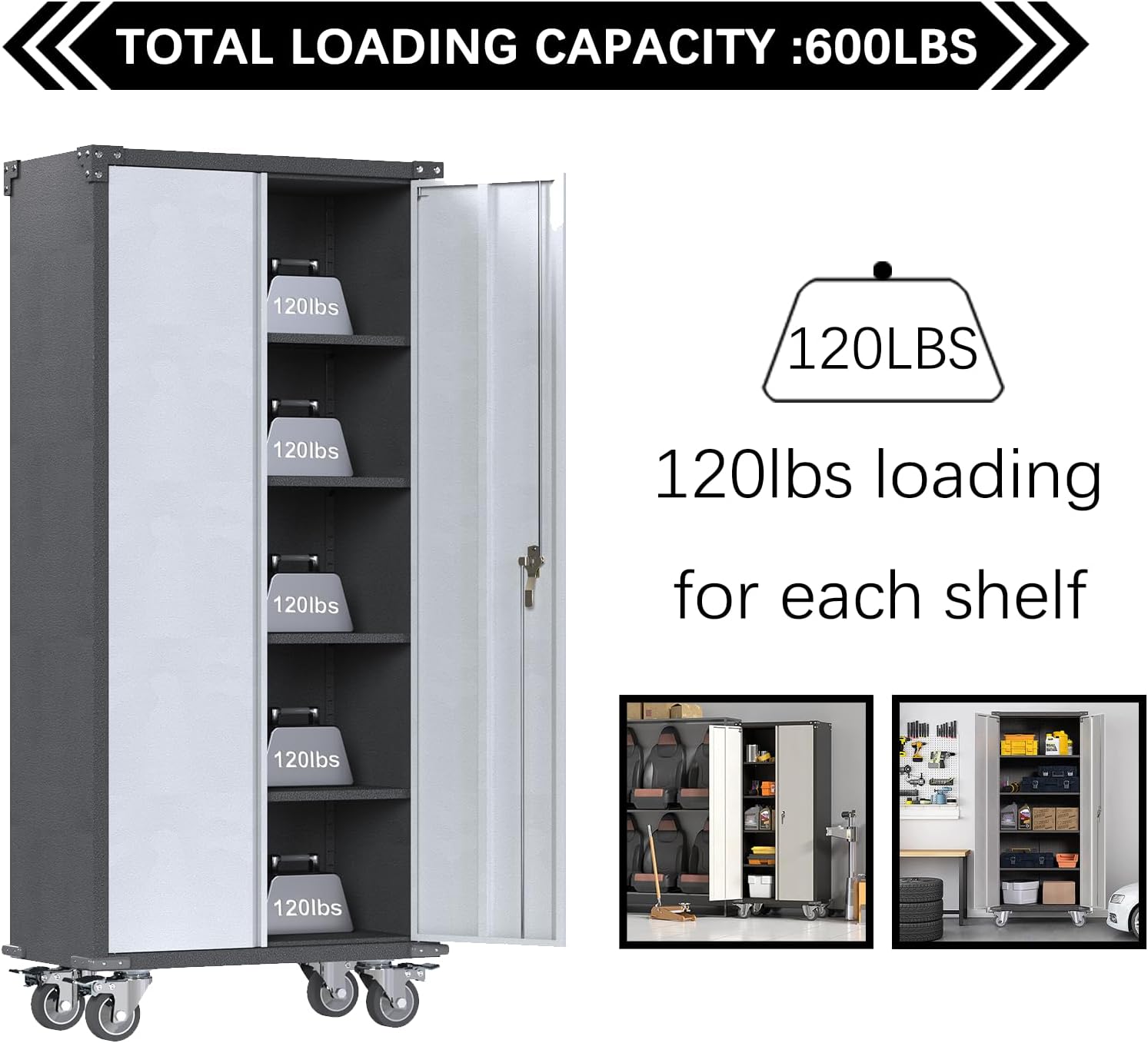 71'' Locking Metal Cabinet with 2 Door and 4 Adjustable Shelves, Lockable Garage Storage Cabinet on Wheels, Rolling Tool Cabinets for Utility Room, Home Office, Assembly Required
