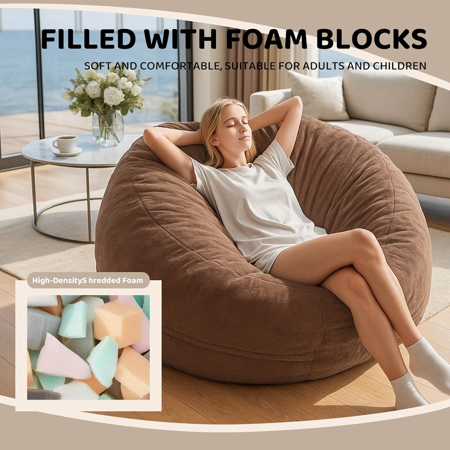 Adult Bean Bag Chair Bed, Bean Bag Sofa with Filling, Memory Foam, Comfortable Floor Sofa Bed, Boneless Floor Chair, Suitable for Living Room Bedroom Dormitory Balcony Lounge (Brown, Chair Bed)