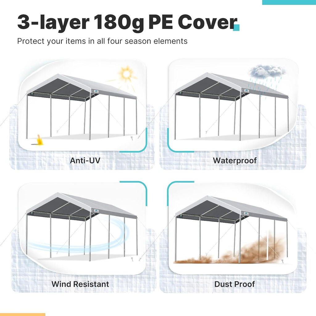 ADVANCE OUTDOOR 10x20 ft Heavy Duty Carport, Adjustable Height Garage Car Canopy Party Tent Boat Shelter, Gray