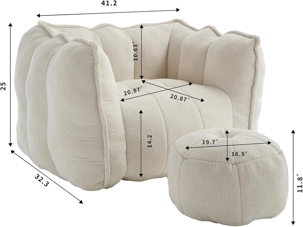 Giant Bean Bag Chair with Ottoman, Oversized Beanbag Chair for Adults, Comfy Floor Sofa Chair with Foam Filler, Pumpkin Lazy Lounger for Living Room, Game Room, Reading Corner, Chenille Beige