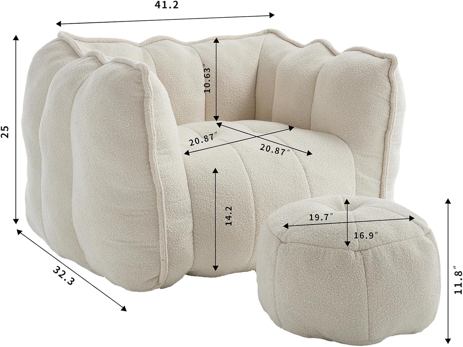 Giant Bean Bag Chair with Ottoman, Oversized Beanbag Chair for Adults, Comfy Floor Sofa Chair with Foam Filler, Pumpkin Lazy Lounger for Living Room, Game Room, Reading Corner, Chenille Beige