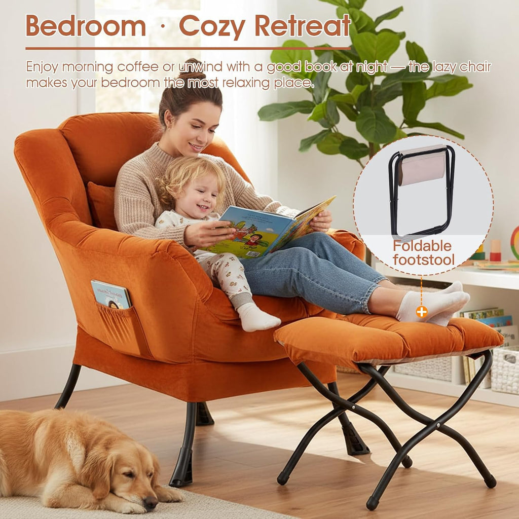Tangerine Lazy Chair with Ottoman, Large Velvet Accent Chair with a Throw Pillow, Comfy Leisure Sofa Chair for Living Room Bedroom Dorm Room Office Apartment Reading Relaxing Use