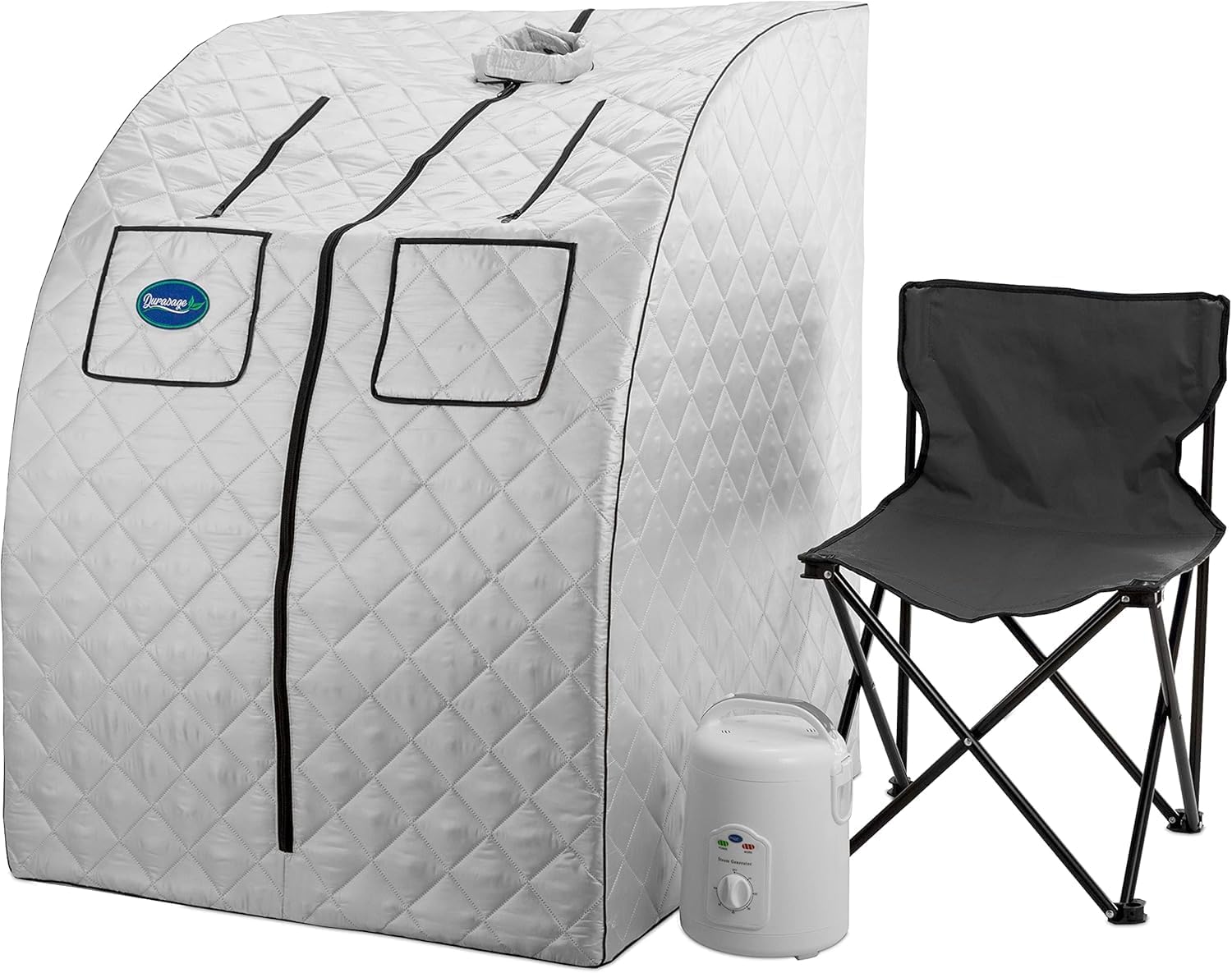 Durasage Oversized Portable Personal Steam Sauna Spa with 800W Steam Generator, 60-Minute Timer, Dual Pockets, Zippered Hand Openings & Chair for at-Home Relaxation (Silver, 33'x31.5'x41')