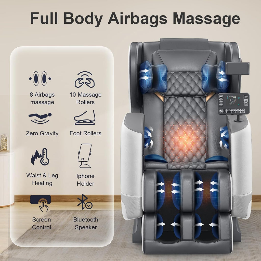 FURNIMAT 2026 Massage Chair Full Body, Zero Gravity Massage Chair with 10 Fix Rollers, Airbags, Heating, Foot Massage, Auto Modes, Bluetooth Speaker, Smart Screen Controller(Light Gray)