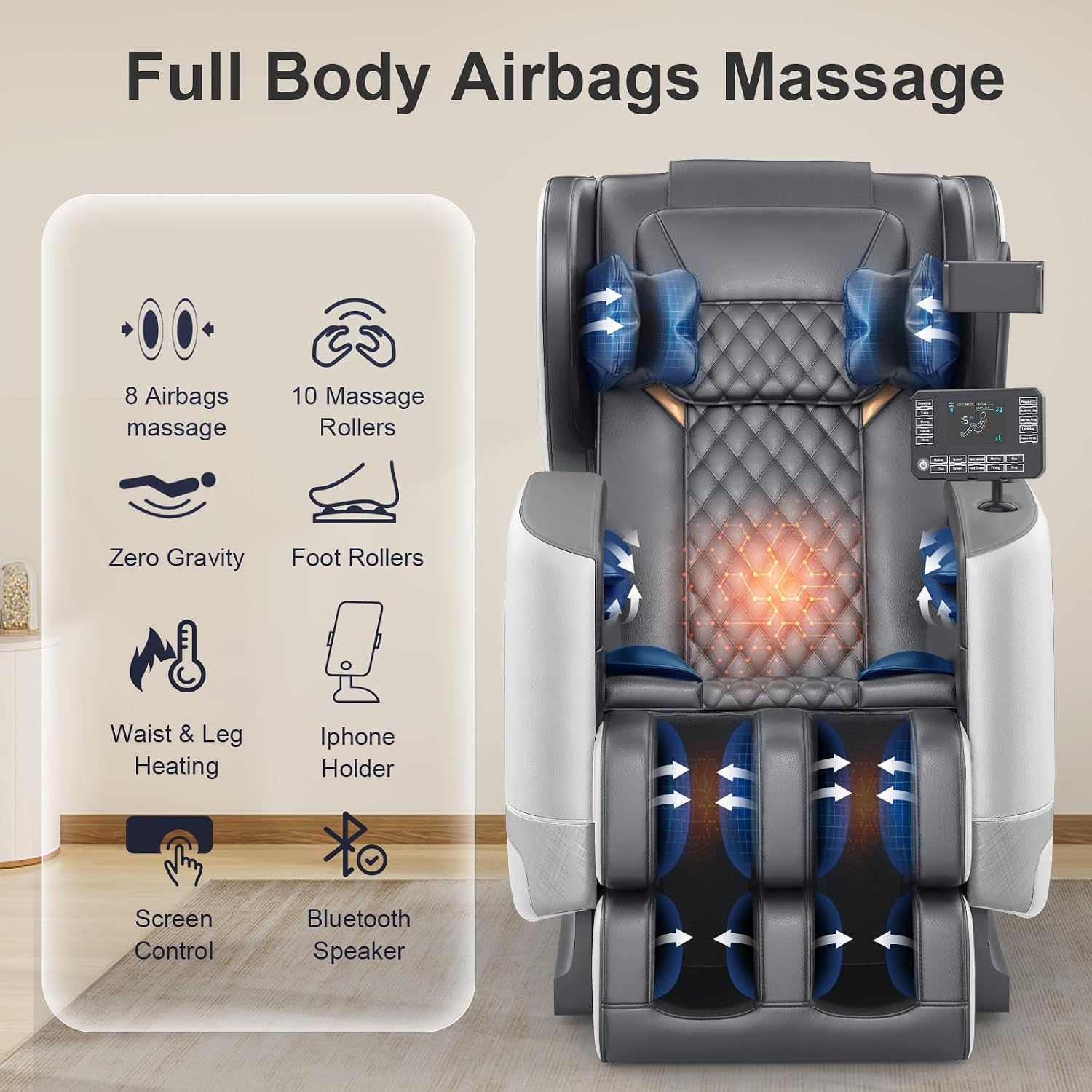 FURNIMAT 2026 Massage Chair Full Body, Zero Gravity Massage Chair with 10 Fix Rollers, Airbags, Heating, Foot Massage, Auto Modes, Bluetooth Speaker, Smart Screen Controller(Light Gray)