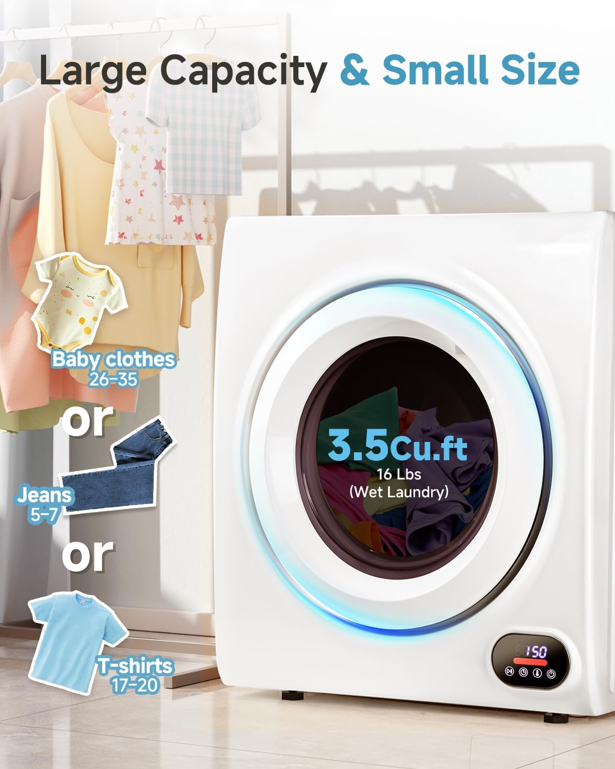 Feelfunn 3.5 Cu.Ft Portable Clothes Dryer - 1500W Clothes Dryer with Stainless Steel Tub, Front Load Tumble, LCD Touch Panel - Compact Drying Unit for Laundry, Apartments, Dorms