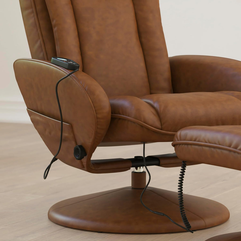 Flash Furniture Poppy Massaging Multi-Position Plush Recliner with Side Pocket and Ottoman in Brown LeatherSoft