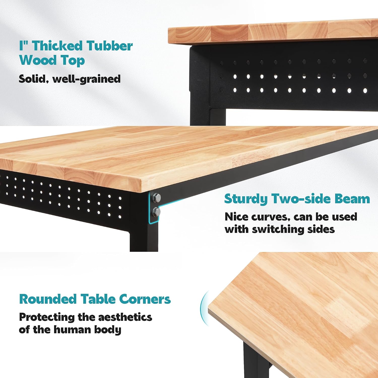 70'' Adjustable Workbench, 2000 LBS Load Capacity Heavy Duty Workstation with Power Outlets, Rubber Wood Top Worktable for Garage, Office,Workshop, Commercial