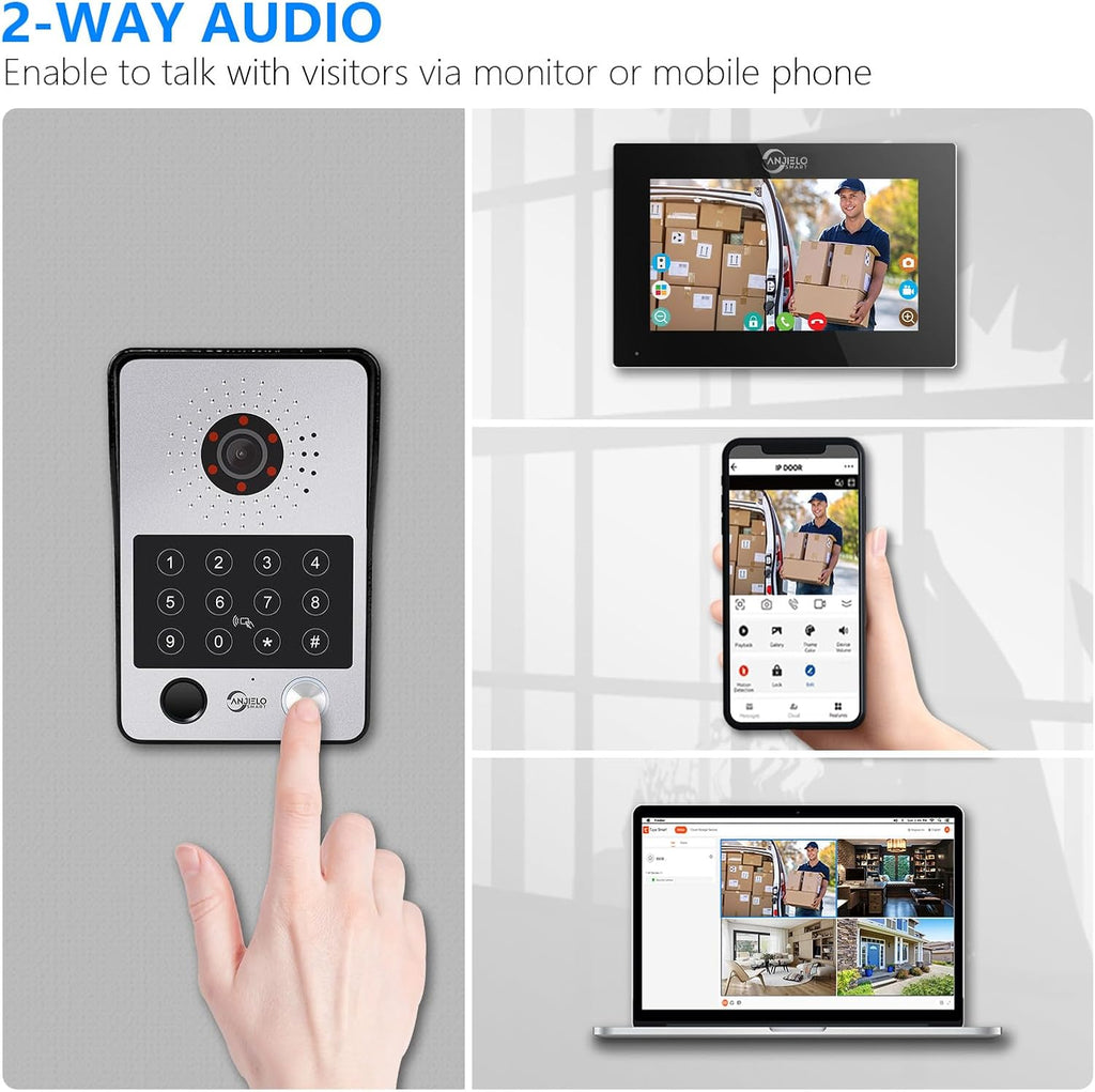 7-Inch Smart Video Intercom System,1080P HD Wired Doorbell with Touchscreen Monitor,Fingerprint, RFID & PIN Unlock,Tuya Smart App Control,Ideal for Homes, Villas & Apartments (2 doorbell + 1 Monitor)
