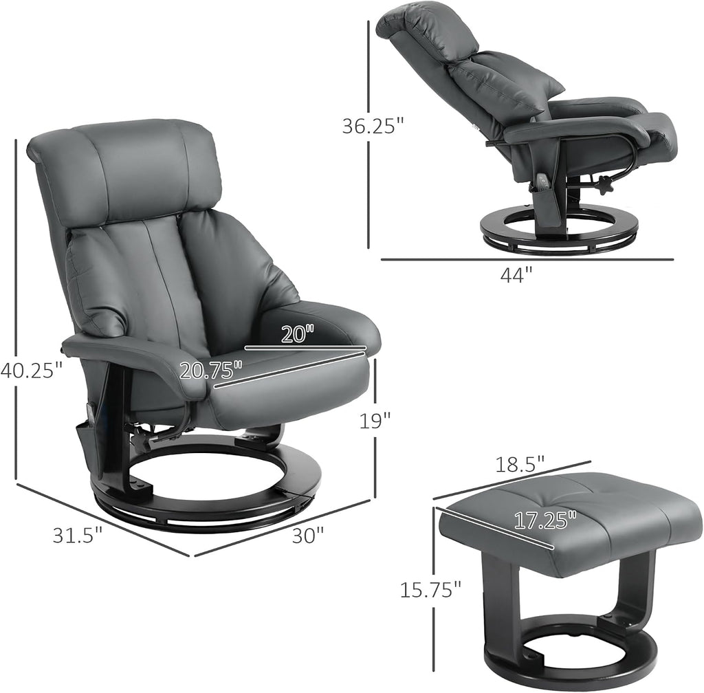 HOMCOM Massage Recliner Chair with Ottoman, 360° Swivel Recliner and Footstool, 10 Point Vibration, PU Leather Reclining Chair with Side Pocket and Remote Control, Gray