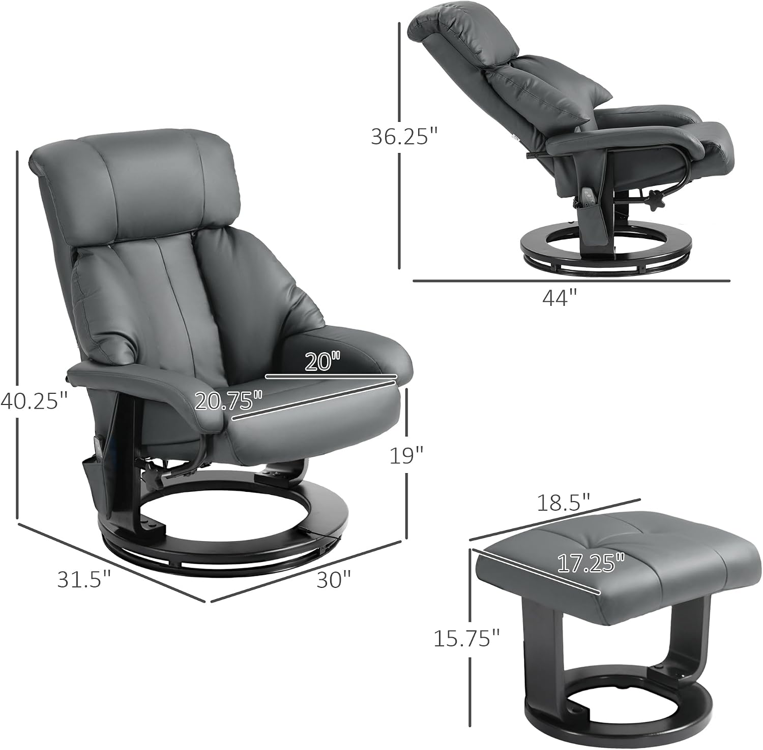 HOMCOM Massage Recliner Chair with Ottoman, 360° Swivel Recliner and Footstool, 10 Point Vibration, PU Leather Reclining Chair with Side Pocket and Remote Control, Gray