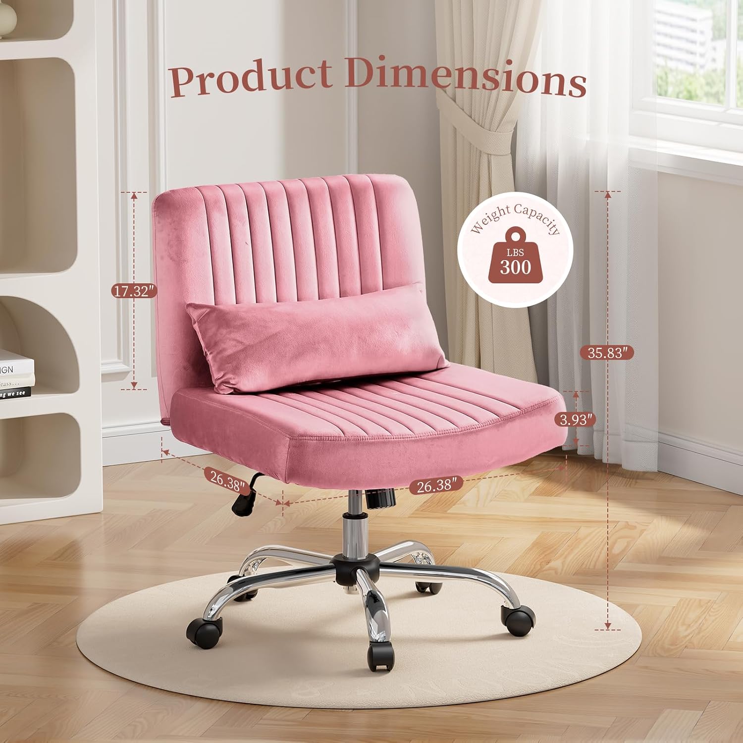 Warmiehomy Velvet Criss Cross Desk Chair with Wheels, Luxury Cross Legged Office Chairs for Home Office, Swivel Wide Seat Vanity Chair, Armless Adjustable Height Gaming Chair Gift, Dusty Rose
