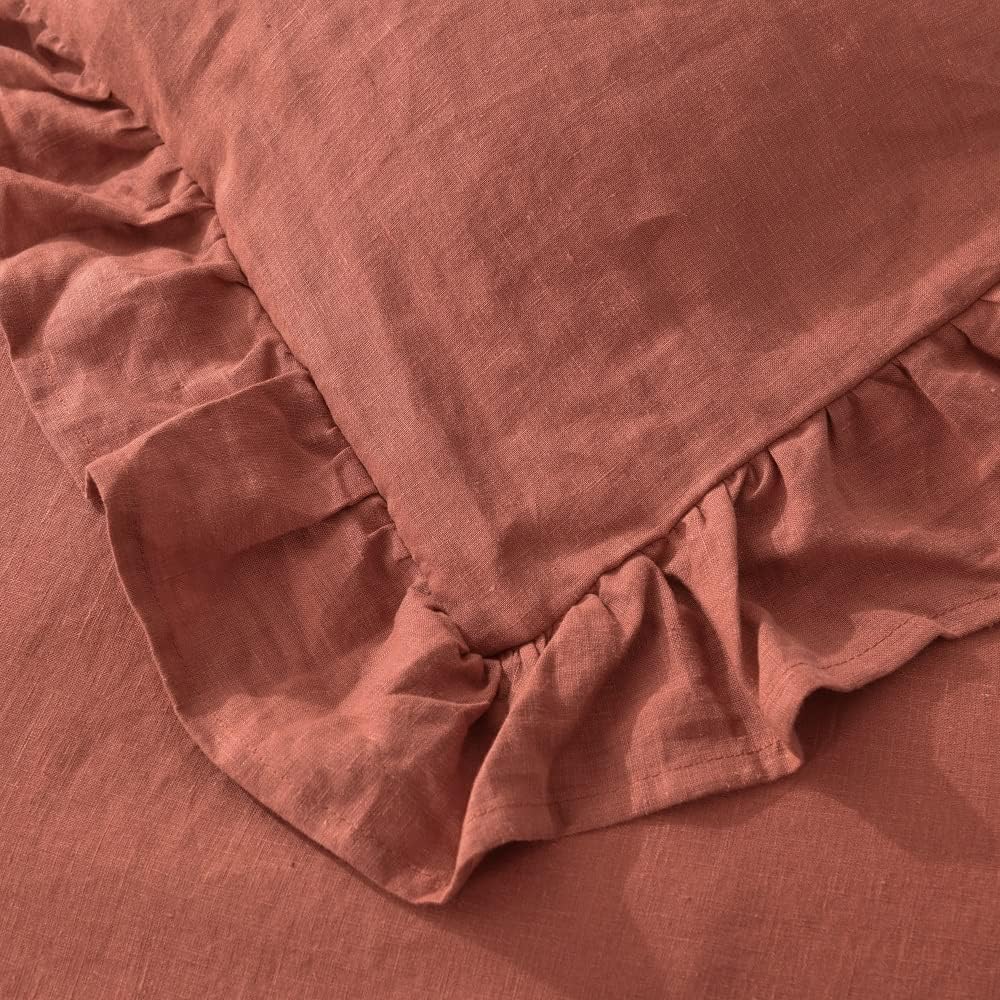 meadow park 100% Stone Washed Linen Duvet Cover Set 3 Pieces, King Size 104 inches x 92 inches, Sham 20 inches x 36 inches, Ruffled Style, Button Closure, Corner Ties, Super Soft, Cayenne Color