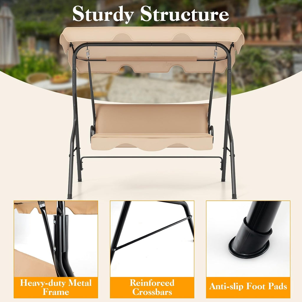 DREAMADE Porch Swing Outdoor, 3 Person Patio Swing w/Removable Cushion, Stand & Adjustable Canopy, Heavy Duty Swing Chair for Patio, Garden, Courtyard, Poolside