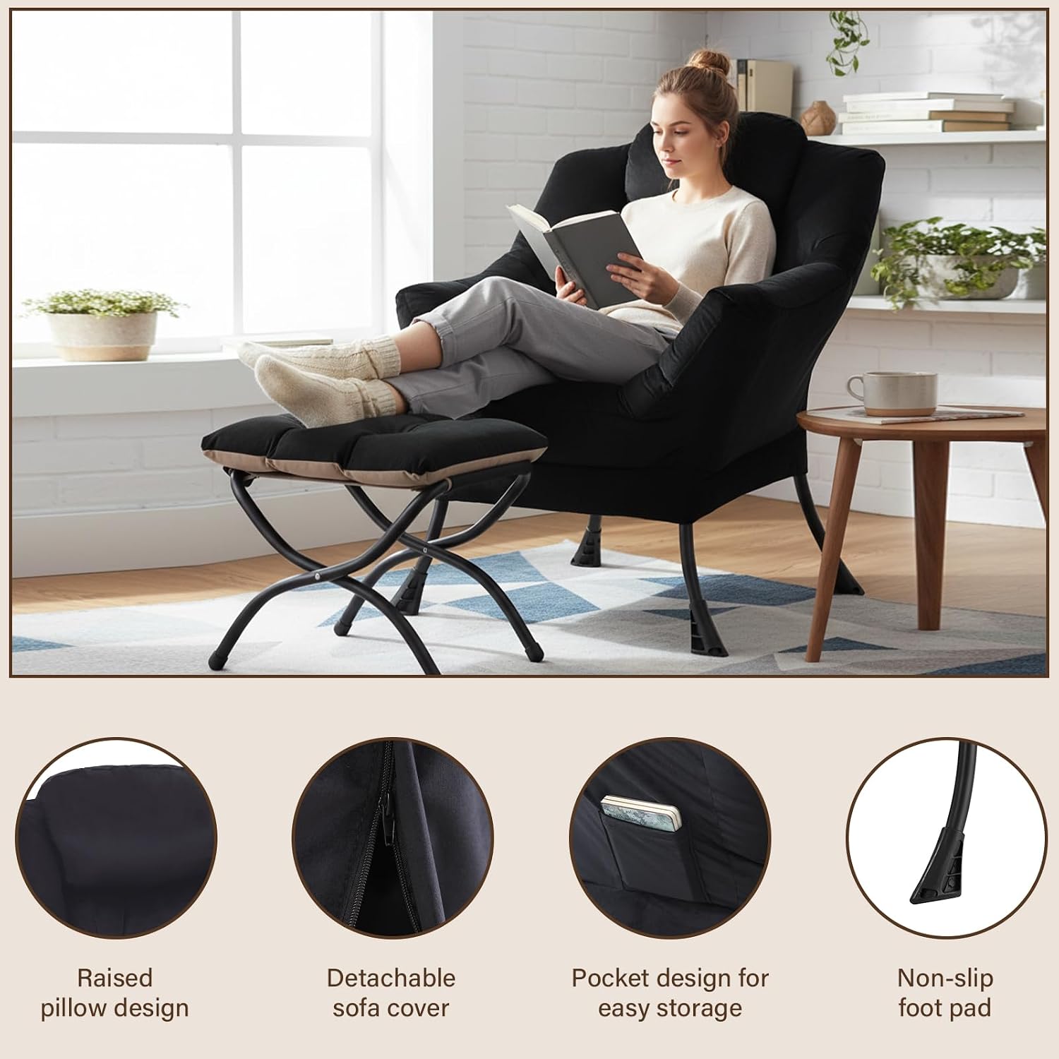 Welnow Lazy Chair with Ottoman, Modern Accent Chair with Armrests and a Side Pocket, Leisure Sofa Armchair, Reading Armchair with Footrest for Small Space, Black
