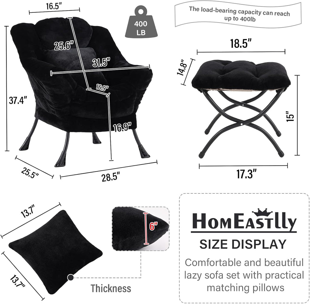 Lazy Chair with Ottoman, Large Black Accent Chair with Ottoman and FA Throw Pillow, Comfy Plush Reading Chair for Living Room Bedroom Dorm Room Office Apartment Relaxing Use