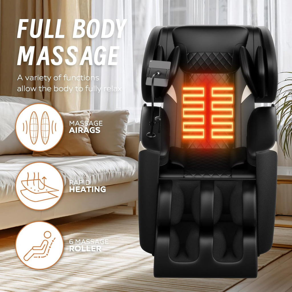 GDFStudio Full Body Massage Chair, Zero Gravity Recliner with Heating, Air Pressure, Foot Rollers, Bluetooth Speaker & Adjustable Intensity, 5 Automatic Modes for Home & Office Relaxation