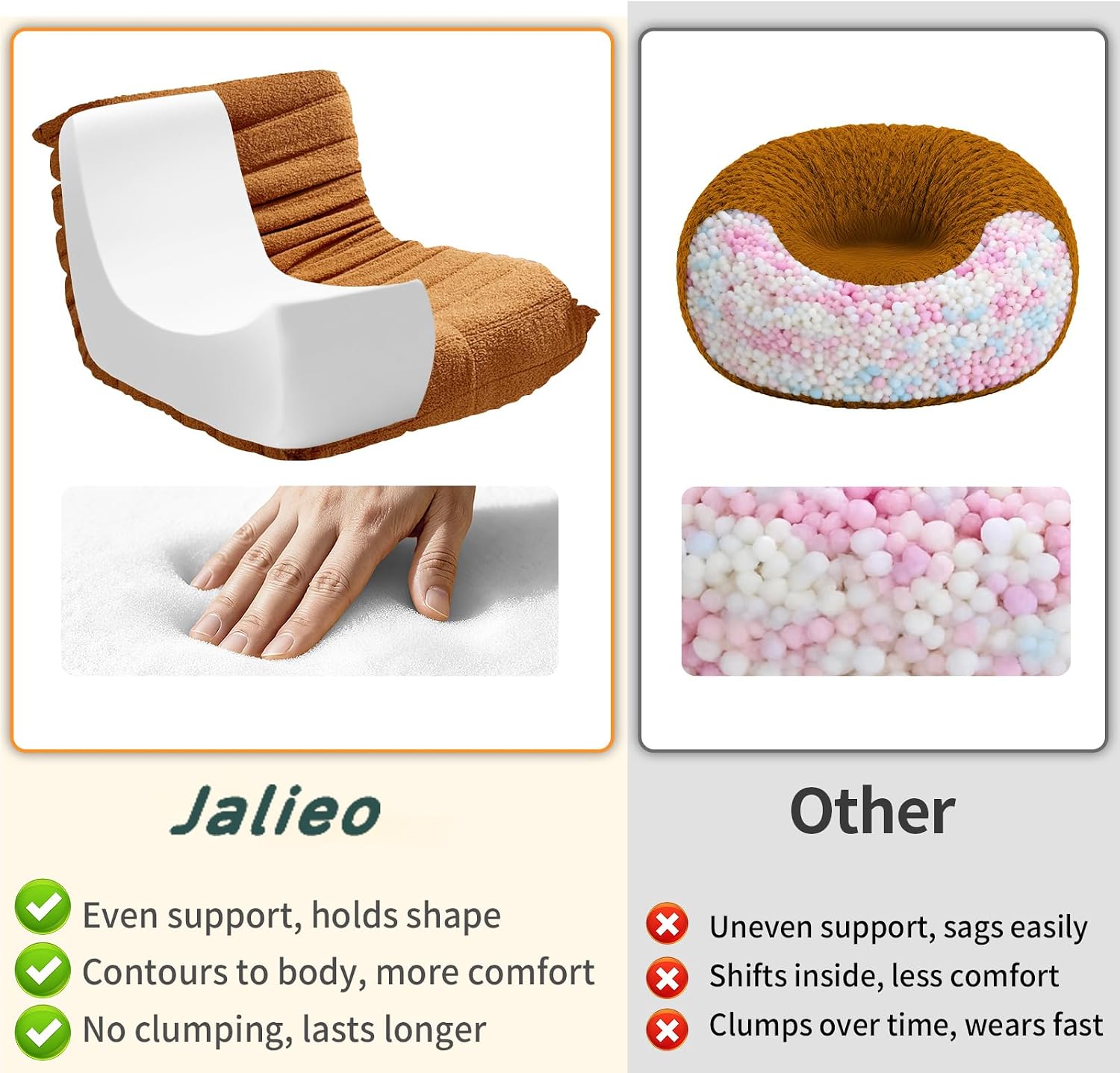 Bean Bag Chairs for Adults, Lazy Sofa Chair with Memory Foam Teddy Velvet Fabric, Large Beanbag Sofa Chair for Bedroom Living Room Dorm Office (Brown)