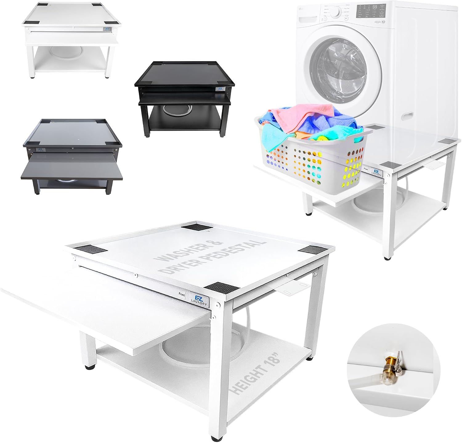 Washer and Dryer Pedestal with Pullout-Shelf - 24' W, 18' H, White Steel Universal Fit with Major Brands | Laundry Pedestal with Drain Pan & Hose | Washer Stand for Back Pain Relief, 800 lbs Capacity