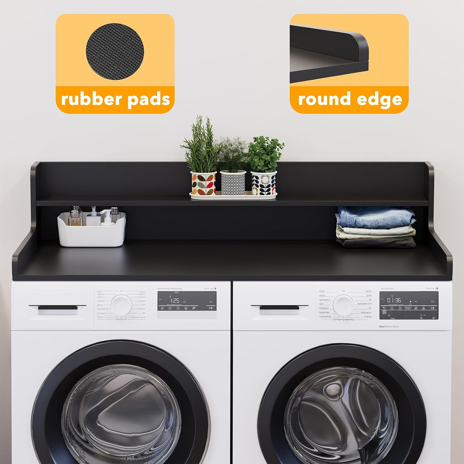 SpaceAid Washer Dryer Countertop with 2-Tier Shelf, Wood Topper with Edge, 54' Width x 27.5' Depth Cover Organizer Guard for Washer and Dryer Counter Laundry Hamper Storage (Black)