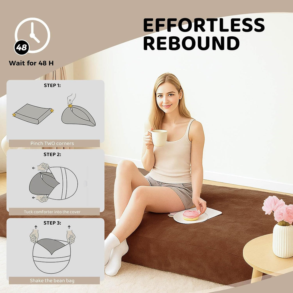 Adult Bean Bag Chair Bed, Bean Bag Sofa with Filling, Memory Foam, Comfortable Floor Sofa Bed, Boneless Floor Chair, Suitable for Living Room Bedroom Dormitory Balcony Lounge (Brown, Chair Bed)