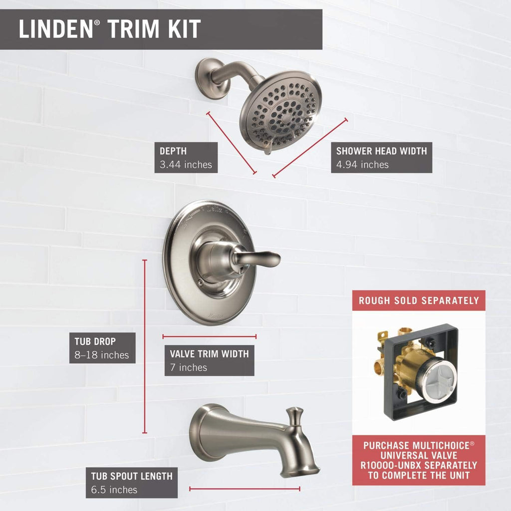 Delta Faucet Linden 14 Series Single-Function Tub and Shower Trim Kit with 5-Spray Touch-Clean Shower Head, Stainless T14494-SS (Valve Not Included)