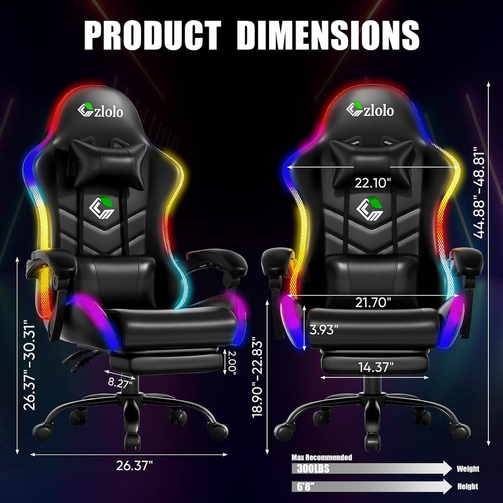 Czlolo Gaming Chair, 2026 Upgraded RGB LED Lights Computer Chair with Footrest, Lumbar Support Massager Gamer Chair, High Back, 90-135° Reclining, Linkage Armrests, Black