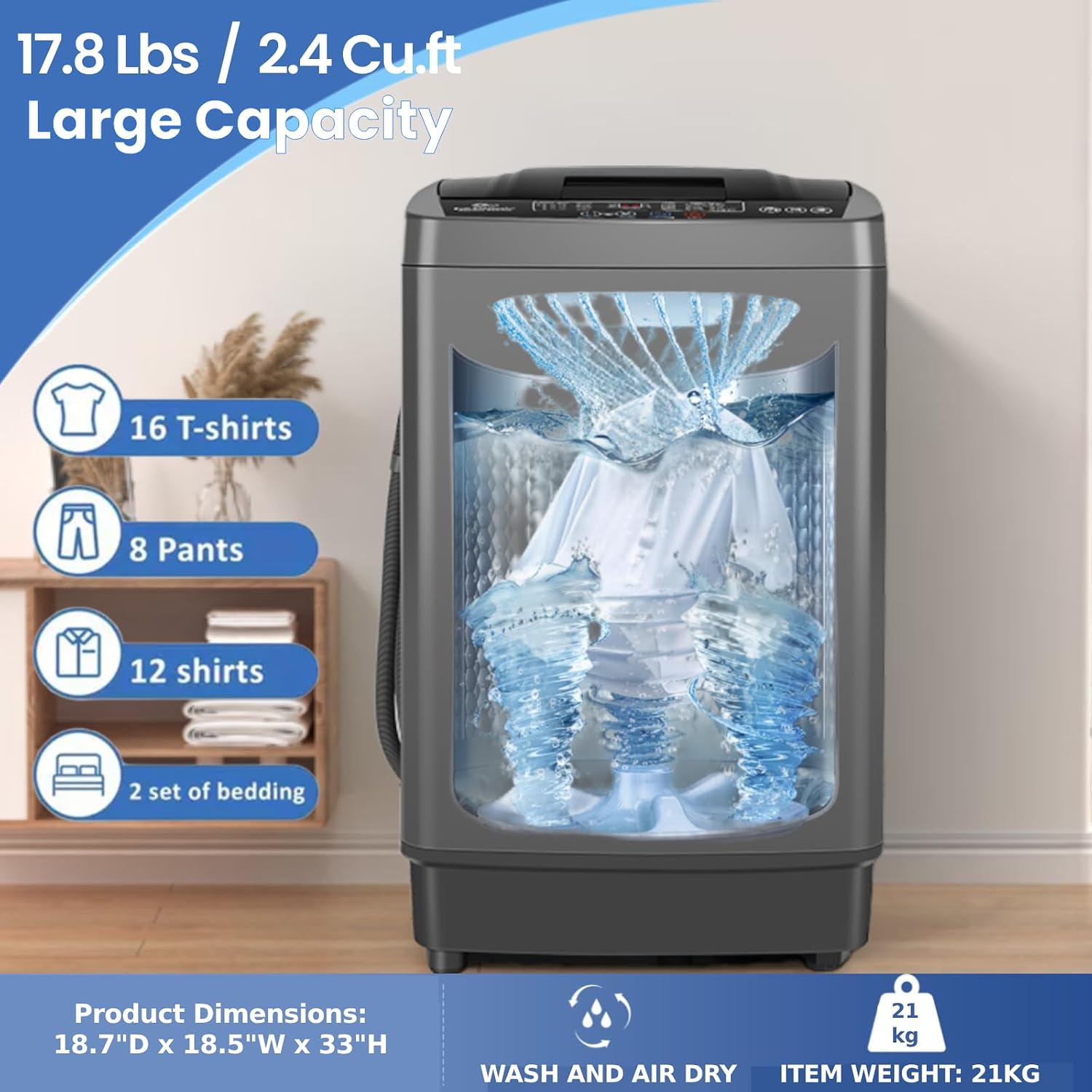 Nictemaw Portable Washing Machine 17.8Lbs Portable Washer with Drain Pump, 2.4 Cu.ft Full Automatic Washer and Dryer Combo, 10 Programs 8 Water Levels, LED Display, for Home, Apartment, RV