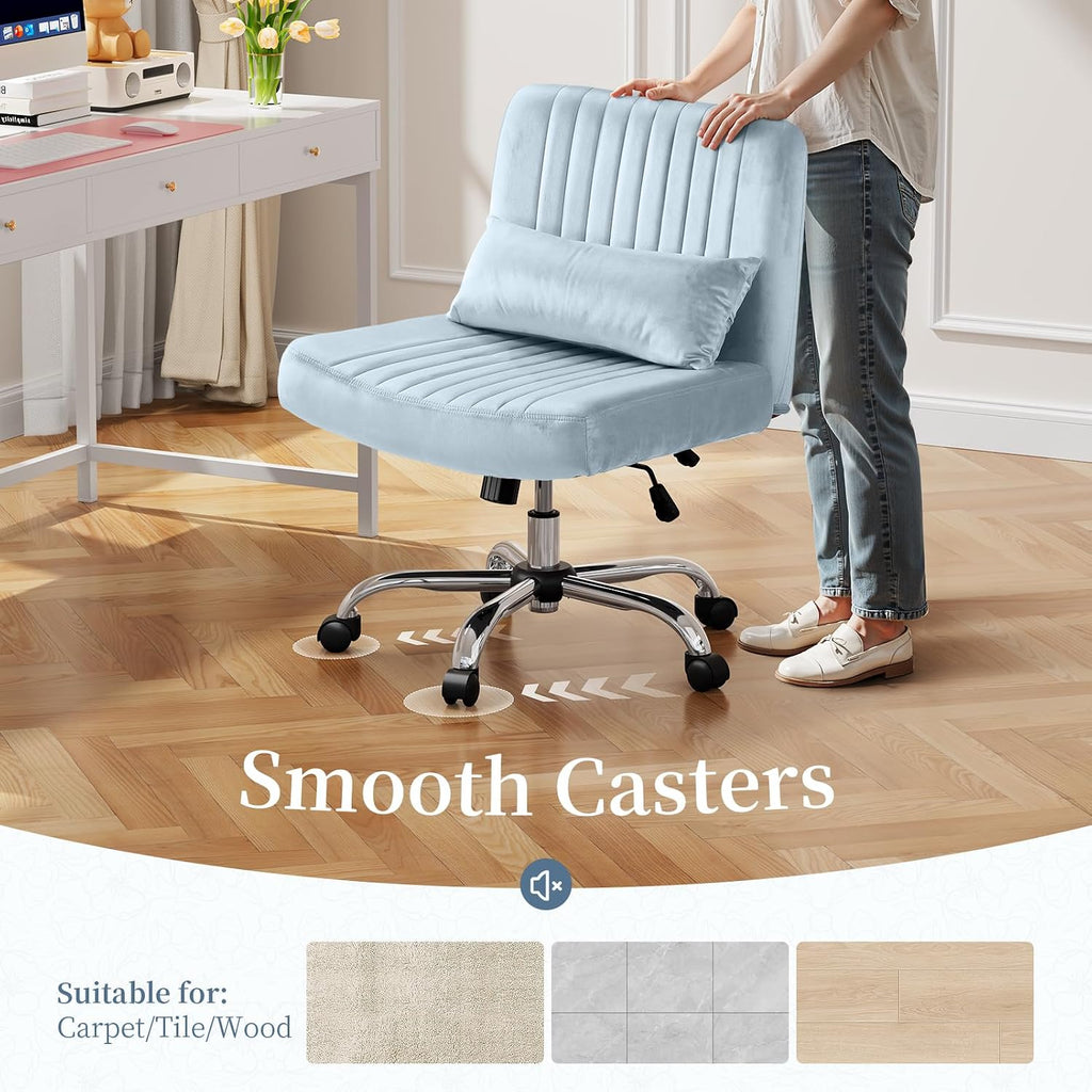 Criss Cross Office Chair with Wheels, Velvet Cross Legged Desk Chair for Bedroom, Armless Computer Chair, Modern Vanity Chair, Festival for Adults, Velvet Dusk Blue