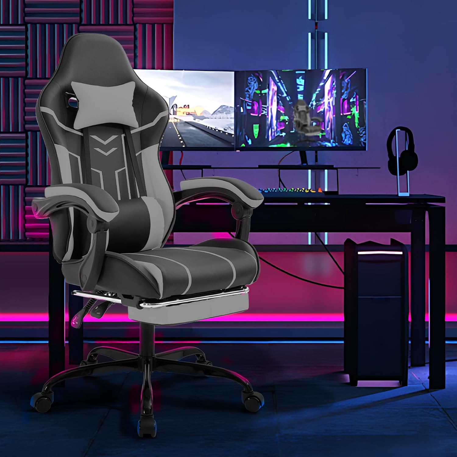 Gaming Chair with Massage and Footrest, Ergonomic High Back PC Racing Chair, 300LBS Capacity with Adjustable Lumbar Support & Headrest for Office and Desk (Model D, Black+Grey)
