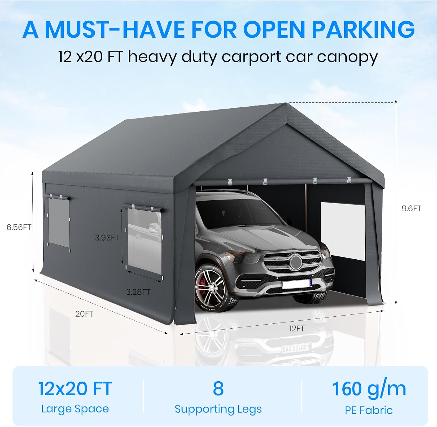 Carport 12x20 Heavy Duty Portable Garage,Carport Canopy with Roll-Up Windows & Doors,Portable Garage and Shelter with Removable Sidewalls,Car Tent Garage with All-Season Tarp for Truck Boat Tractor