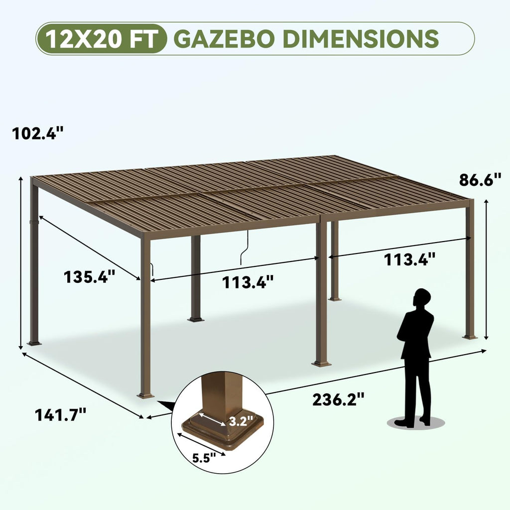 Gazebo 12x20 with Adjustable Galvanized Steel Roofs, All Aluminum Frame Permanent Pergola for Patio, Outdoor Freestanding Shelter, Dark Brown