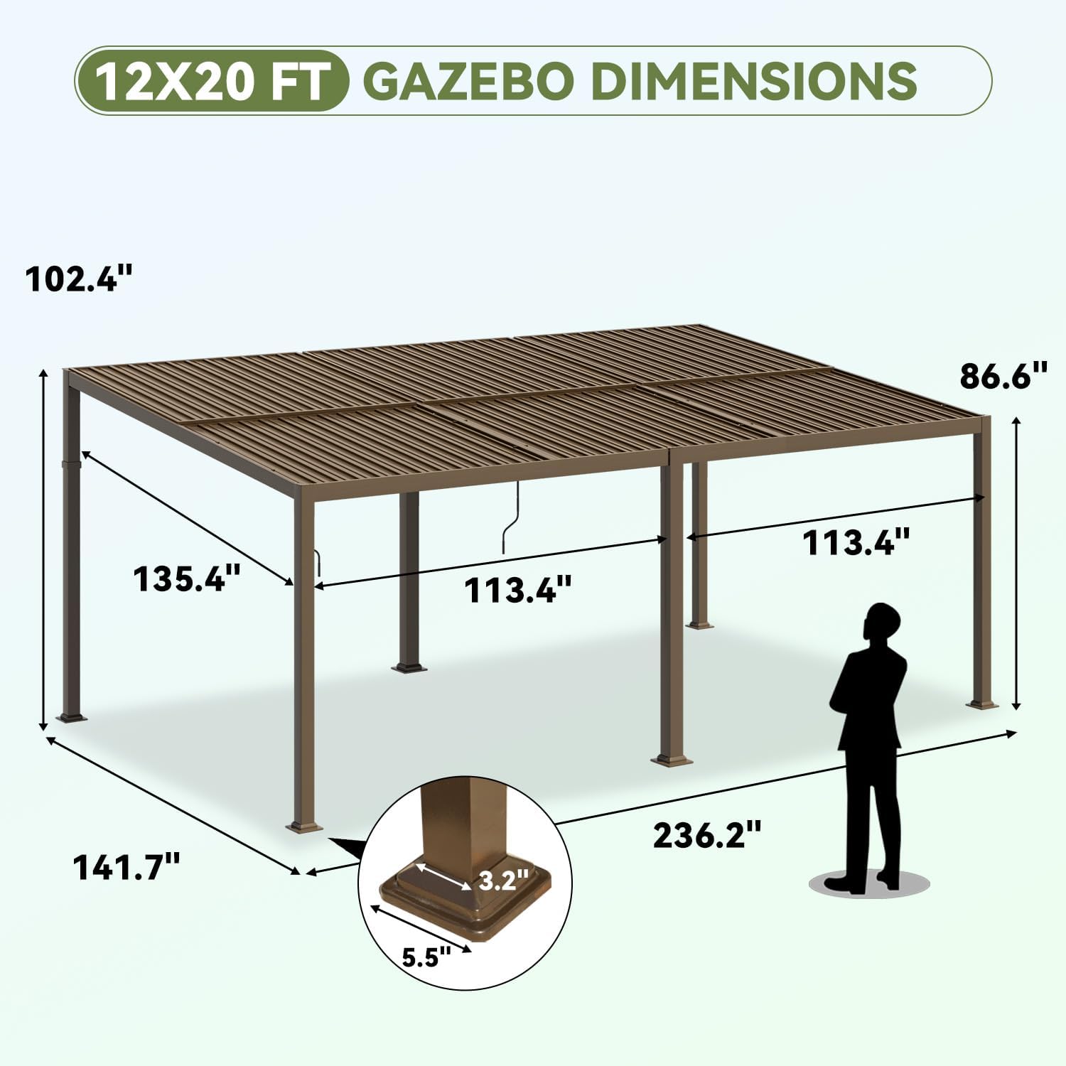 Gazebo 12x20 with Adjustable Galvanized Steel Roofs, All Aluminum Frame Permanent Pergola for Patio, Outdoor Freestanding Shelter, Dark Brown
