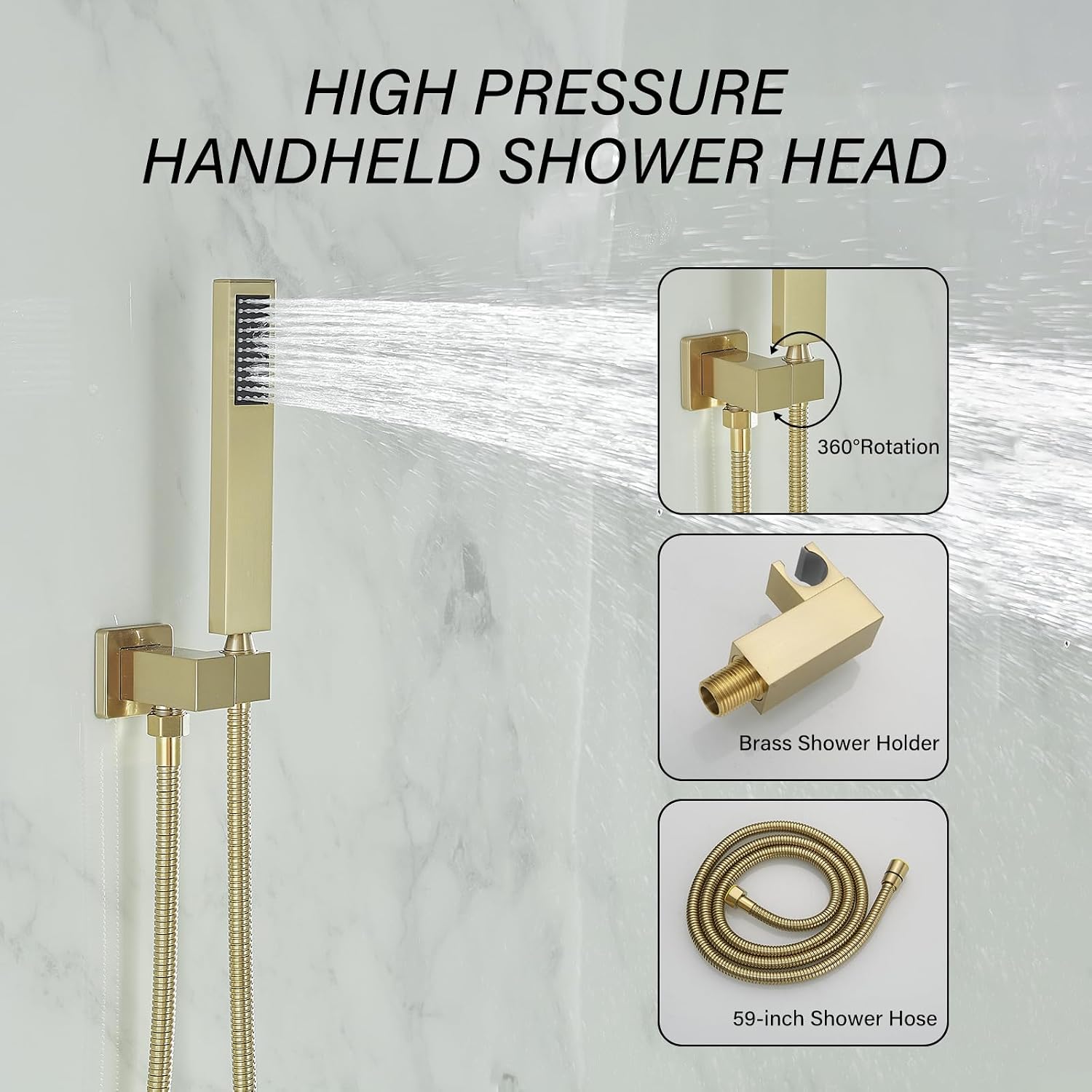 BWE Brushed Gold Shower Faucets Sets 10 Inch Square Bathroom Luxury Rain Shower Head with Handheld Spray Wall Mounted Shower System Rough-in Valve and Trim Included