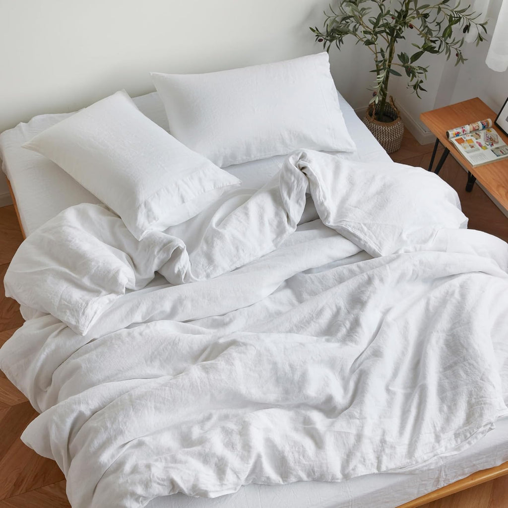 Sijo Stone Washed Organic French Linen Bed Sheet Set, GOTS Certified Organic, Best Cooling Linen Sheet Award by Sleep Foundation, 3 Piece - 2 Pillowcases and 1 Fitted Sheet (Snow, Full)