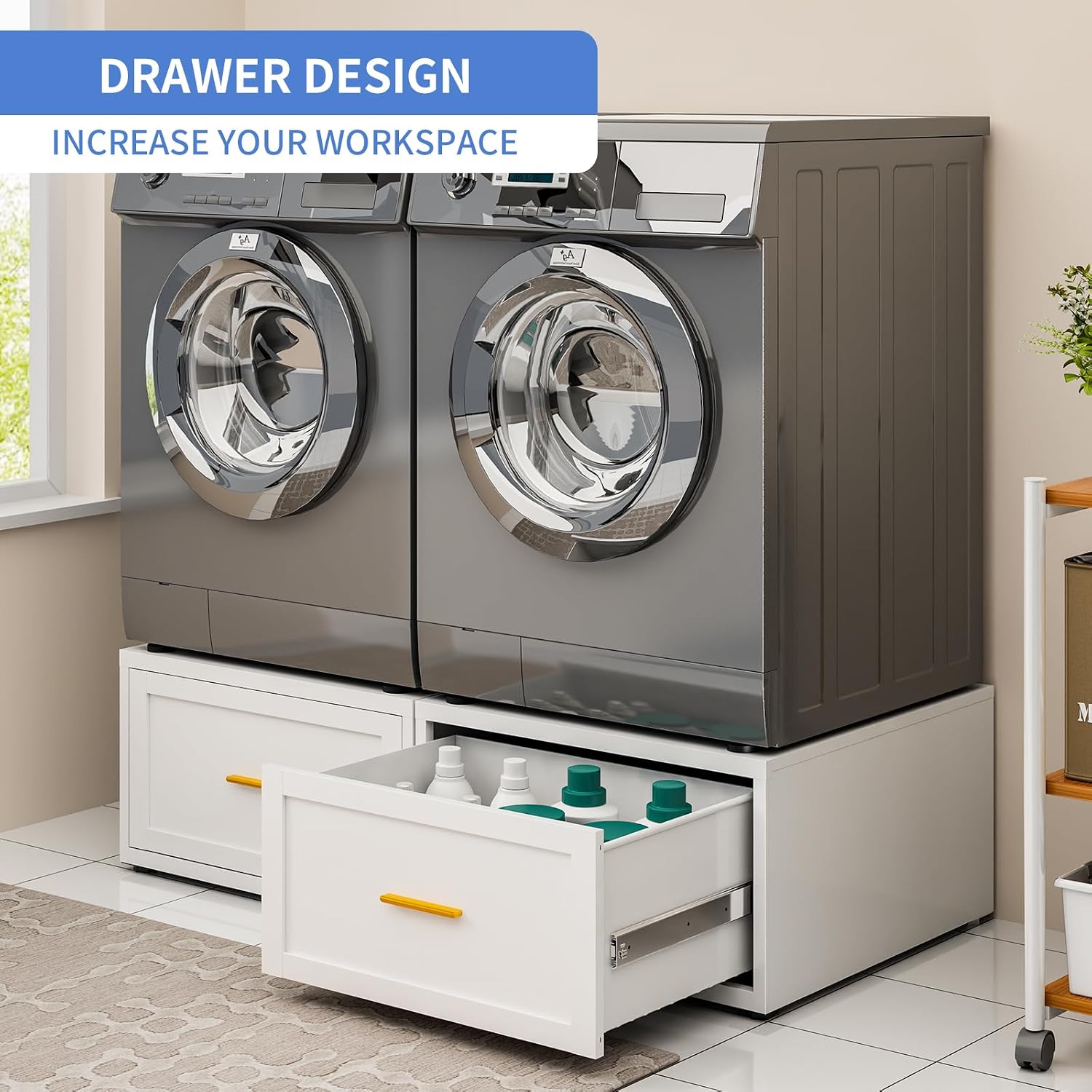 28' W Washer Dryer Pedestal, Heavy Duty Metal Washer Pedestal with Drawer, 440LBS Universal Laundry Pedestal, Washing Machine Stand with Adjustable Feet, 16'' Height (1pack-White)