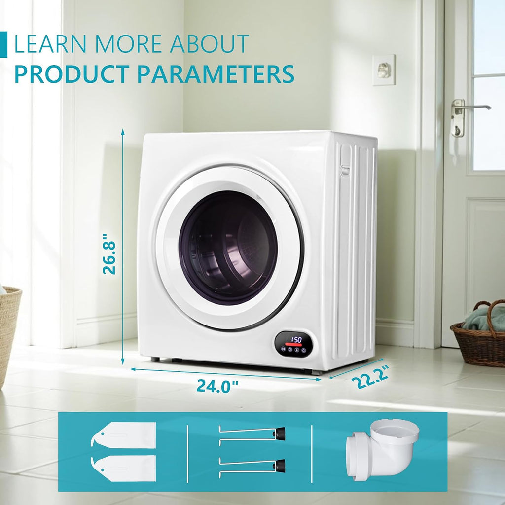 Euhomy Compact Laundry Dryer, 3.5 cu ft Front Load Stainless Steel Clothes Dryers With Exhaust Pipe, 1500W, LCD Control Panel Four-Function Portable Dryer For Apartments, Home, Dorm, White