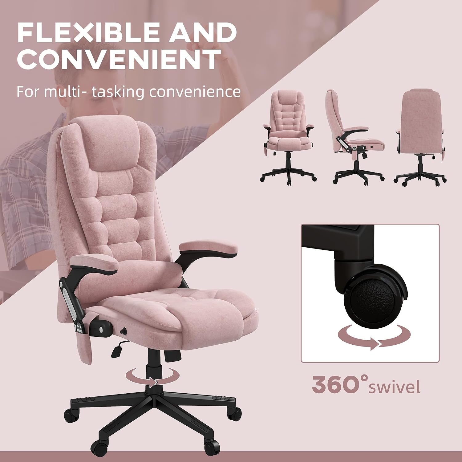 HOMCOM Executive Office Chair with 6 Points Vibration Massage and Heated Lumbar Support, Velvet High Back Computer Chair with Reclining Backrest, Tilt Function and Padded Armrests, Pink