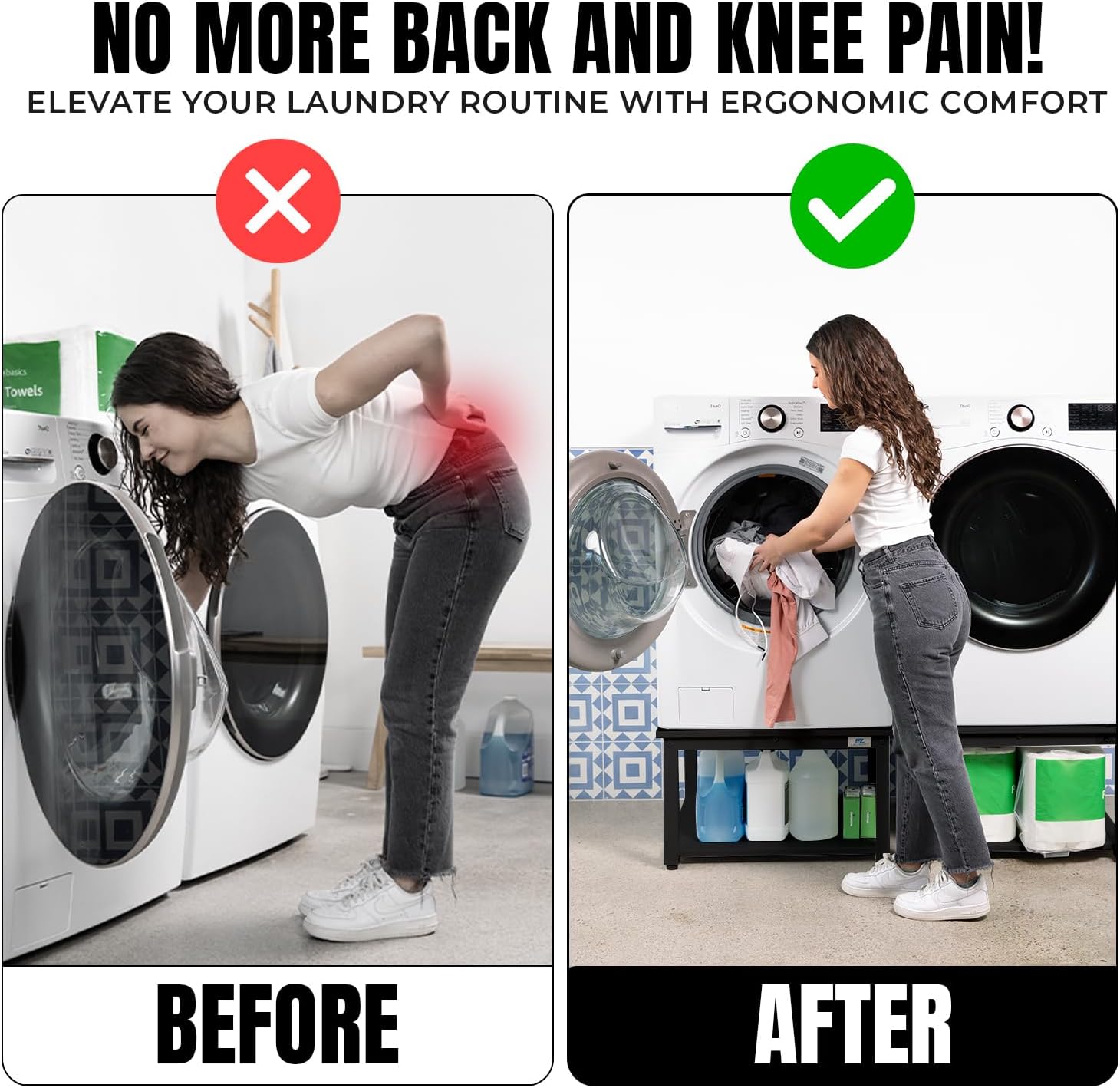 Washer and Dryer Pedestal - 24' W, 16' H, Black Steel Universal Fit with Major Brands, Leak-Proof Laundry Pedestal with Drain Pan & Hose, Washer and Dryer Stand for Back Pain Relief, 800 lbs Capacity