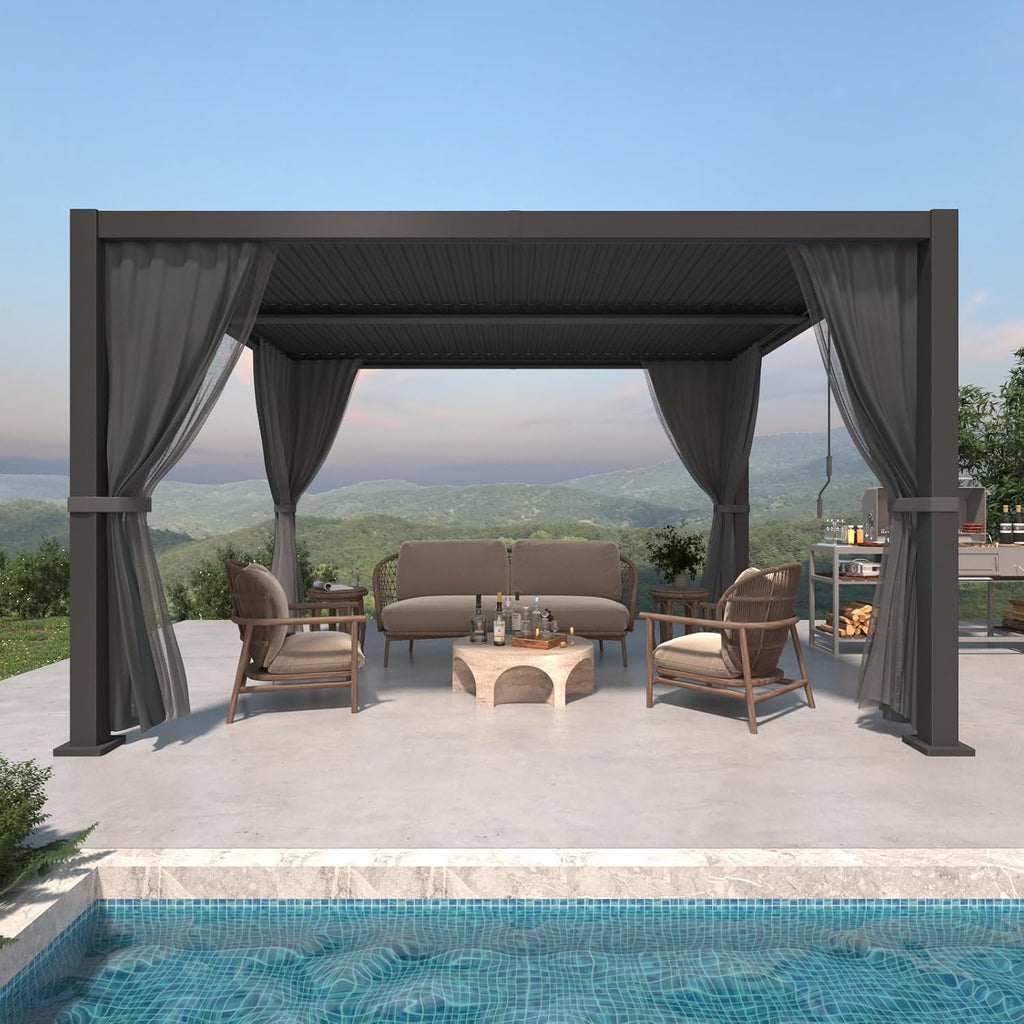 10' ×13' Louvered Pergola, Aluminum Outdoor Pergola with Privacy Curtains and Netting, Adjustable Roof Hardtop Gazebo, Waterproof Metal Patio Cover with Integrated Drainage System for Deck, Backyard