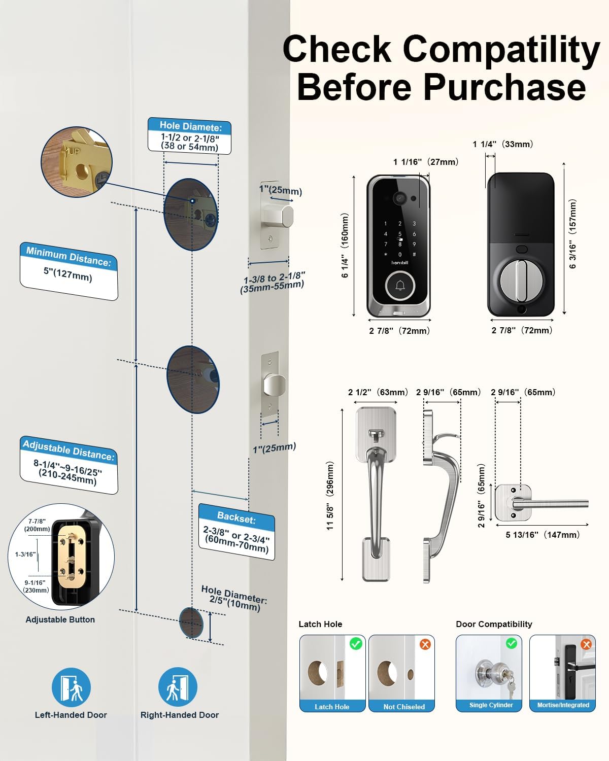 Smart Front Door Lock Sets: 2K HD Camera Lock with Doorbell Kits, Hornbill Fingerprint Keyless Entry Door Lock with Handles, WiFi Deadbolt(only 2.4G) for Remote Control, APP/Alexa/PIR,Satin Nickel