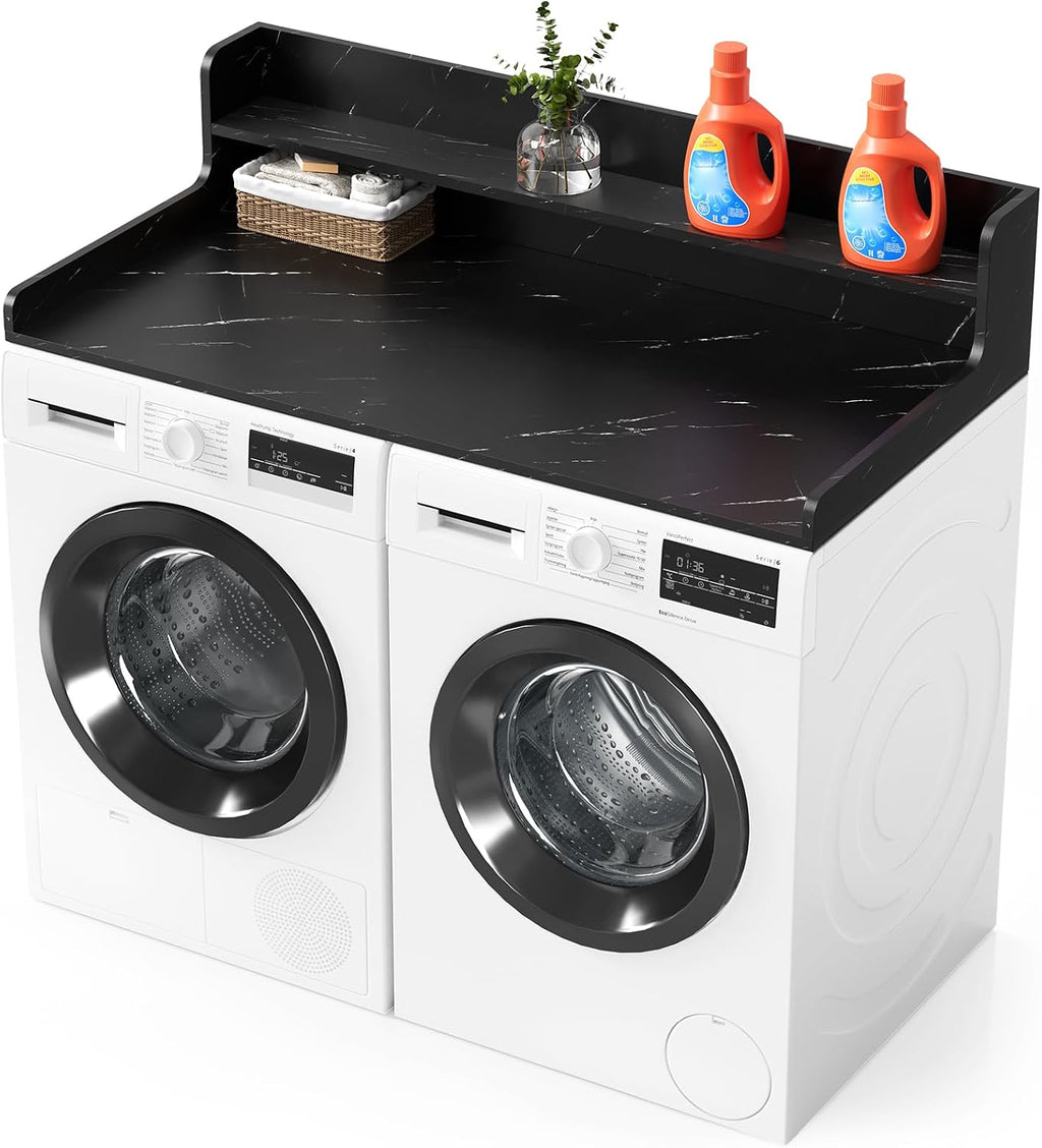 SpaceAid Washer Dryer Countertop with 2-Tier Shelf, Wood Topper with Edge, 54' Width x 27.5' Depth Cover Organizer Guard for Washer and Dryer Counter Laundry Hamper Storage (Black Marble)