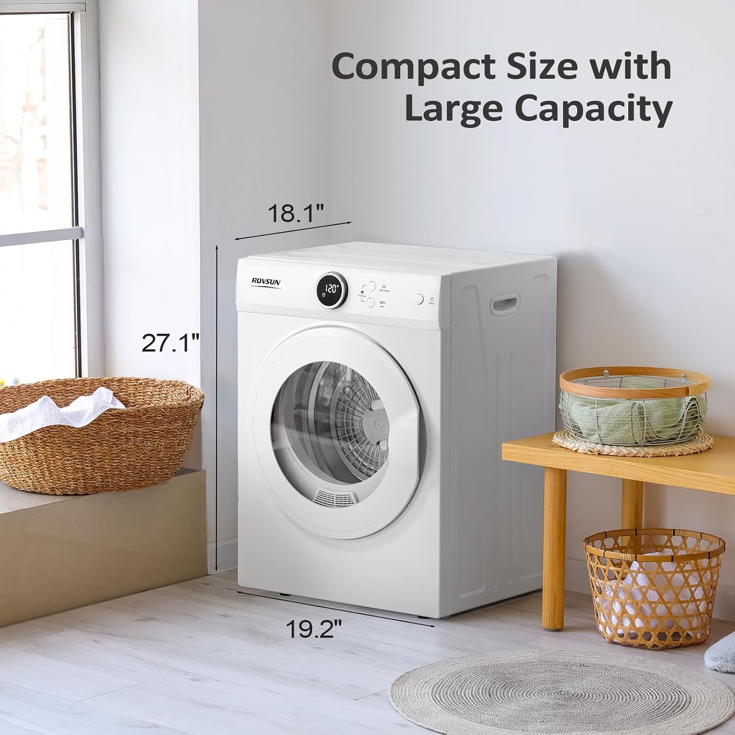ROVSUN 1.8 Cu.Ft Portable Clothes Dryer, 1020W High End Front Load Electric Dryer, Compact Laundry Dryer with Electronic Screen Control & Stainless Steel Tub for Apartment, Home